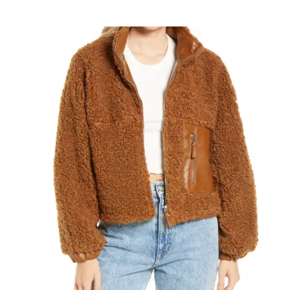 BLANKNYC Faux Shearling with Faux Leather Trim Bomber Jacket